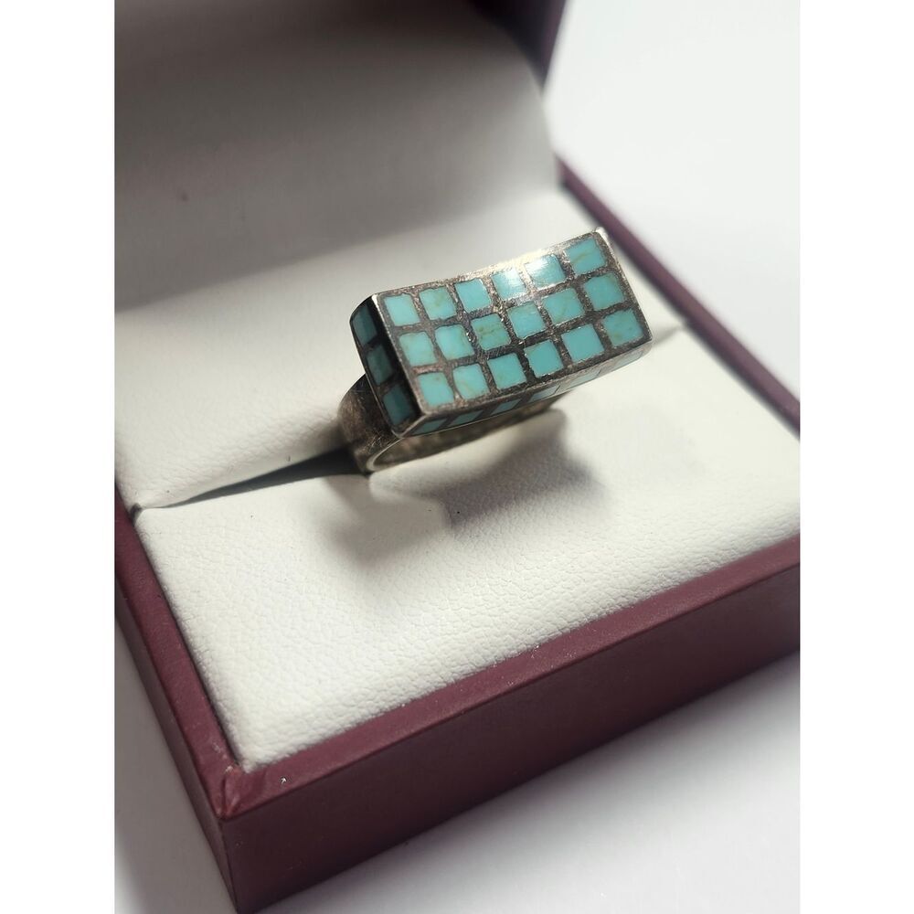 Sterling Silver Turquoise Mosaic Inlay Curved Rectangle 925 Ring 6.5 Vintage